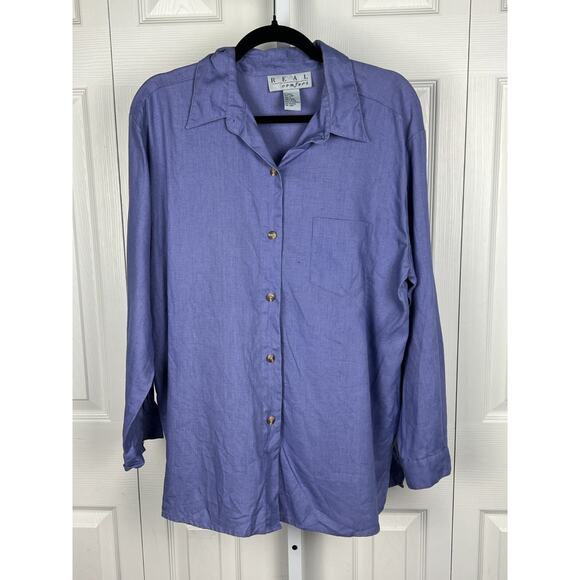 Real Comfort Periwinkle Blue Large Linen Womens Collared Long Sleeve Blouse - Picture 5 of 6